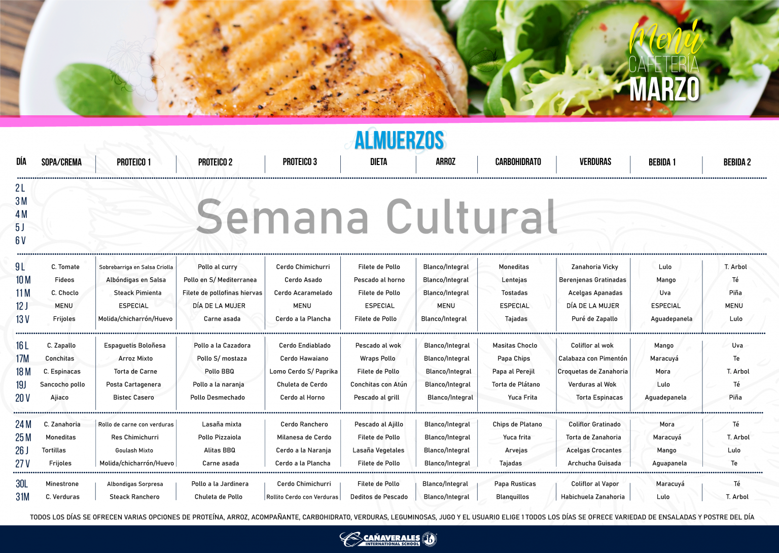 Cafetería Cañaverales International School - Menu Almuerzos y Loncheras